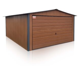 Plechová garáž 4×6m sedlová střecha – zlatý dub