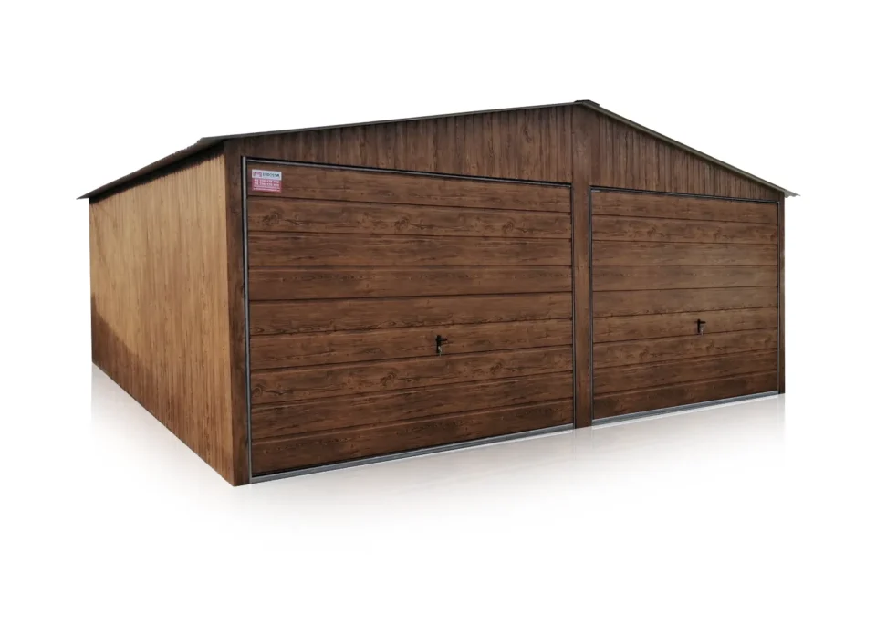 Garaj din tablă 6x5m, cu doua pante, nuc închis - lucios