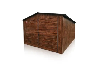 Garaj din tablă 3.5x5m, poartă cu două aripi panou larg, nuc închis