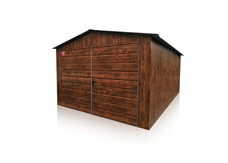 Garaj din tablă 3.5x5m, poartă cu două aripi panou larg, nuc închis