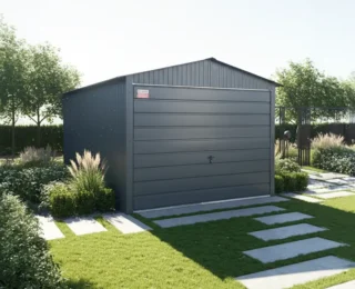 Garaj de tablă 3x5m, stejar auriu cu poartă panou larg RAL 7016