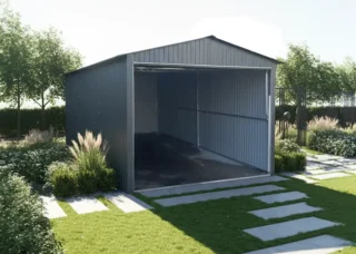 Garaj de tablă 3x5m, stejar auriu cu poartă panou larg RAL 7016