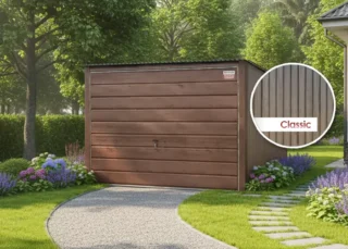 Garaj metalic 3×5 m, pantă spre spate, poartă ridicată-nuc închis - lucios