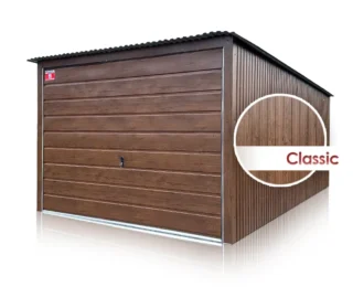 Eurostal.ro - Garaj metalic 3×5 m, pantă spre spate, poartă ridicată-nuc închis - lucios