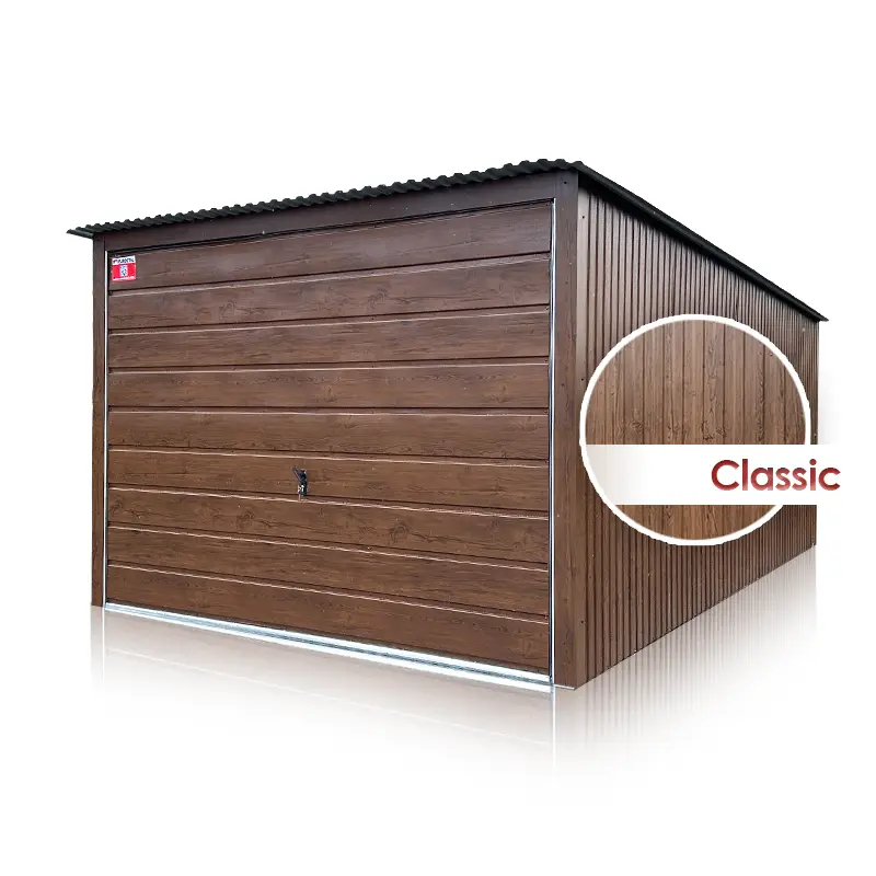 Eurostal.ro - Garaj metalic 3×5 m, pantă spre spate, poartă ridicată-nuc închis - lucios