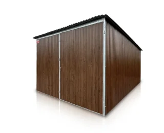 Garaj metalic 3x5 m pantă spre spate, poartă cu două aripi, nuc închis luciu