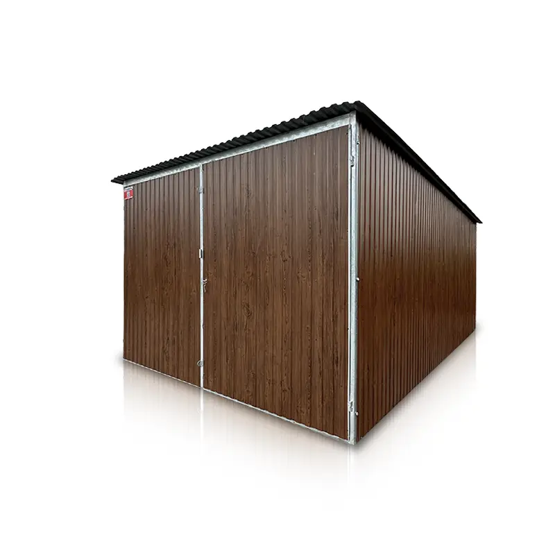 Garaj metalic 3x5 m pantă spre spate, poartă cu două aripi, nuc închis luciu