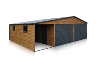 Garaj metalic dublu 8x5.5m culoare stejar auriu mat și grafit cu terasă laterală