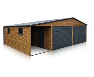 Garaj metalic dublu 8x5.5m culoare stejar auriu mat și grafit cu terasă laterală