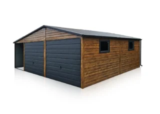 Garaj metalic dublu 8x5.5m culoare stejar auriu mat și grafit cu terasă laterală