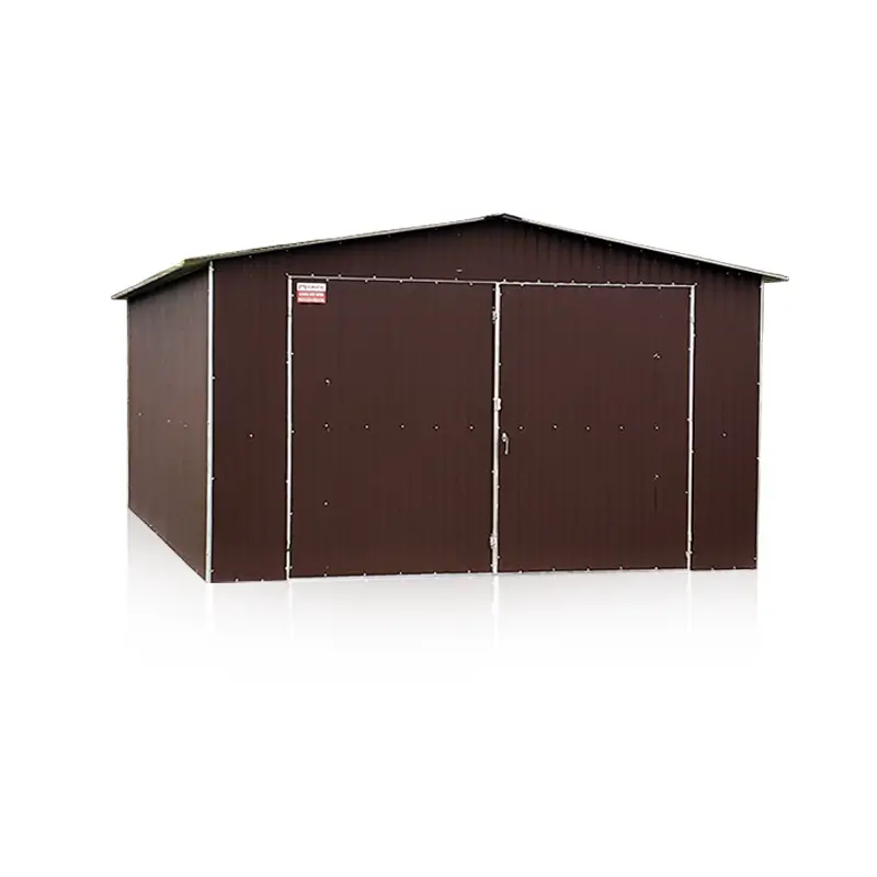 Garaj metalic 4x5 m maro mat RAL 8017 cu acoperis cu doua pante si poarta cu doua aripi