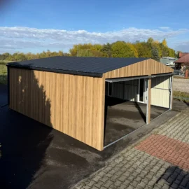 Garaj metalic dublu 6x6m cu acoperis in doua pante stejar Winchester si grafit mat