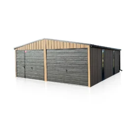 Garaj metalic dublu 6x6m cu acoperis in doua pante stejar Winchester si grafit mat