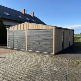 Garaj metalic dublu 6x6m cu acoperis in doua pante stejar Winchester si grafit mat