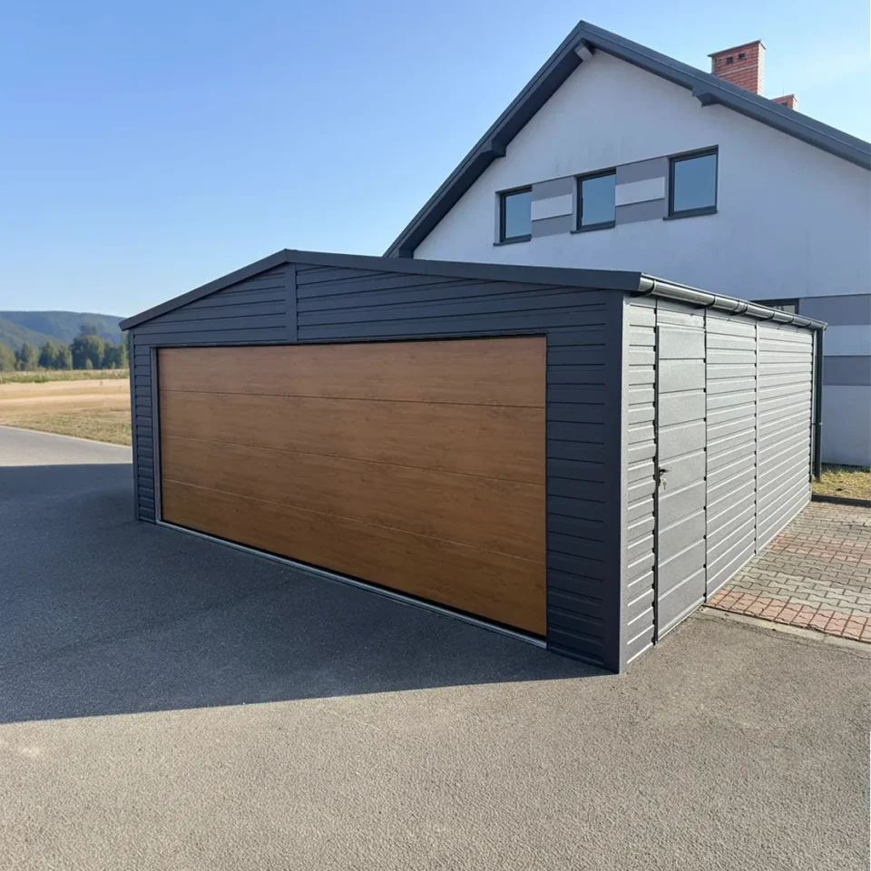 Garaj metalic dublu 6x6 m în nuanță Grafit mat cu poartă secțională automată stejar aurat