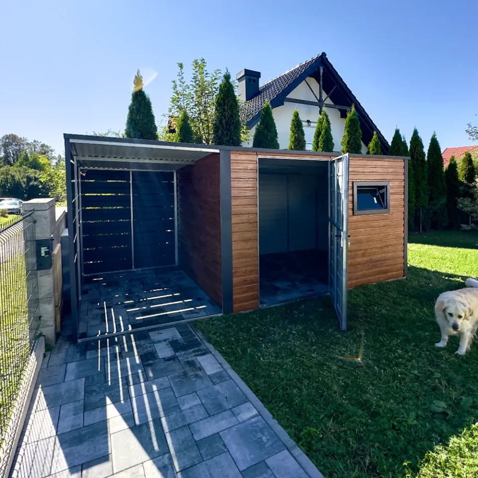 Casuta de gradina metalica 5x2 m cu copertina stejar aurat mat si grafit