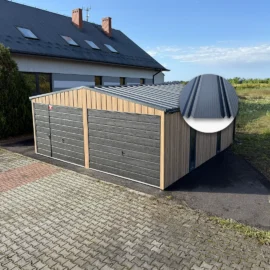 Garaj metalic dublu 6x6m cu acoperis in doua pante stejar Winchester si grafit mat