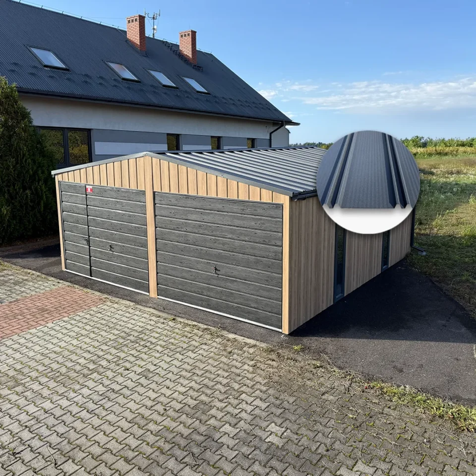 Garaj metalic dublu 6x6m cu acoperis in doua pante stejar Winchester si grafit mat
