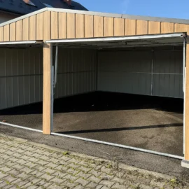 Garaj metalic dublu 6x6m cu acoperis in doua pante stejar Winchester si grafit mat
