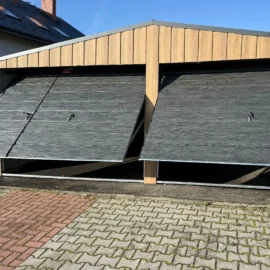 Garaj metalic dublu 6x6m cu acoperis in doua pante stejar Winchester si grafit mat